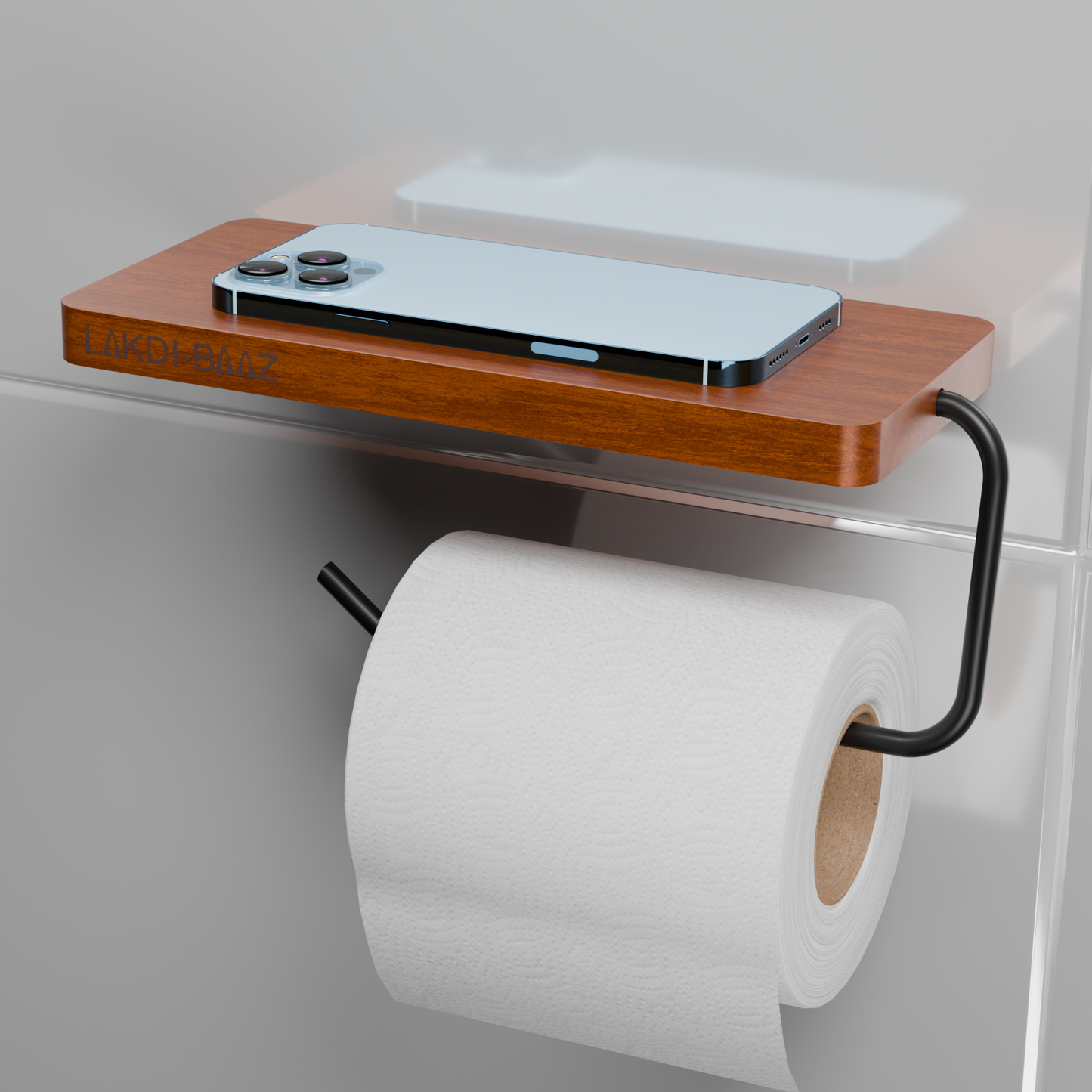 Buy Lakdibaaz | Wooden Toilet Paper Holder with Phone Shelf Wall Mounted Bathroom Tissue Roll Holder for Smartphone metals Matt Black Finish stand