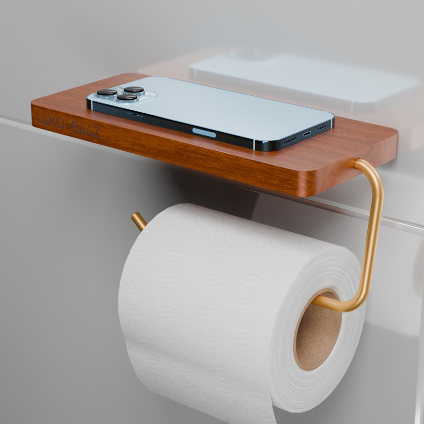 Buy Lakdibaaz | Wooden Toilet Paper Holder with Phone Shelf Wall Mounted Bathroom Tissue Roll Holder for Smartphone metals Gold Finish stand