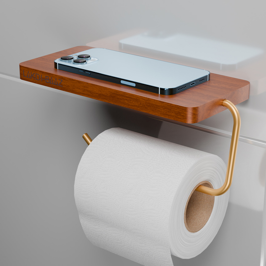 Buy Lakdibaaz | Wooden Toilet Paper Holder with Phone Shelf Wall Mounted Bathroom Tissue Roll Holder for Smartphone metals Gold Finish stand