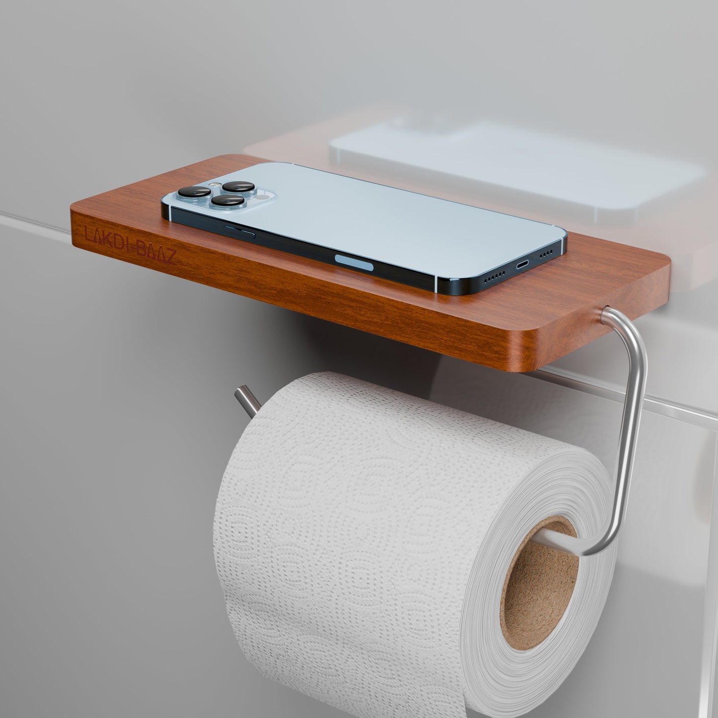 Buy Lakdibaaz | Wooden Toilet Paper Holder with Phone Shelf Wall Mounted Bathroom Tissue Roll Holder for Smartphone metals Silver Finish stand