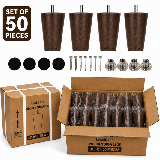 LakdiBaaz Wooden Sofa Legs, Wooden Couch Legs, Furniture Legs & Furniture Feet, Sofa Replacement Legs, Couch Replacement Feet, 3 Inch Walnut Color Wooden Legs with M8 Bolt & Mounting Plate, Set of 50 Pieces