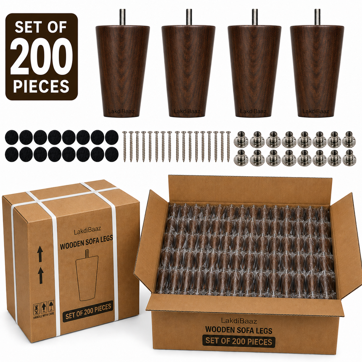 LakdiBaaz Wooden Sofa Legs, Wooden Couch Legs, Furniture Legs & Furniture Feet, Sofa Replacement Legs, Couch Replacement Feet, 3 Inch Walnut Color Wooden Legs with M8 Bolt & Mounting Plate, Set of 50 Pieces
