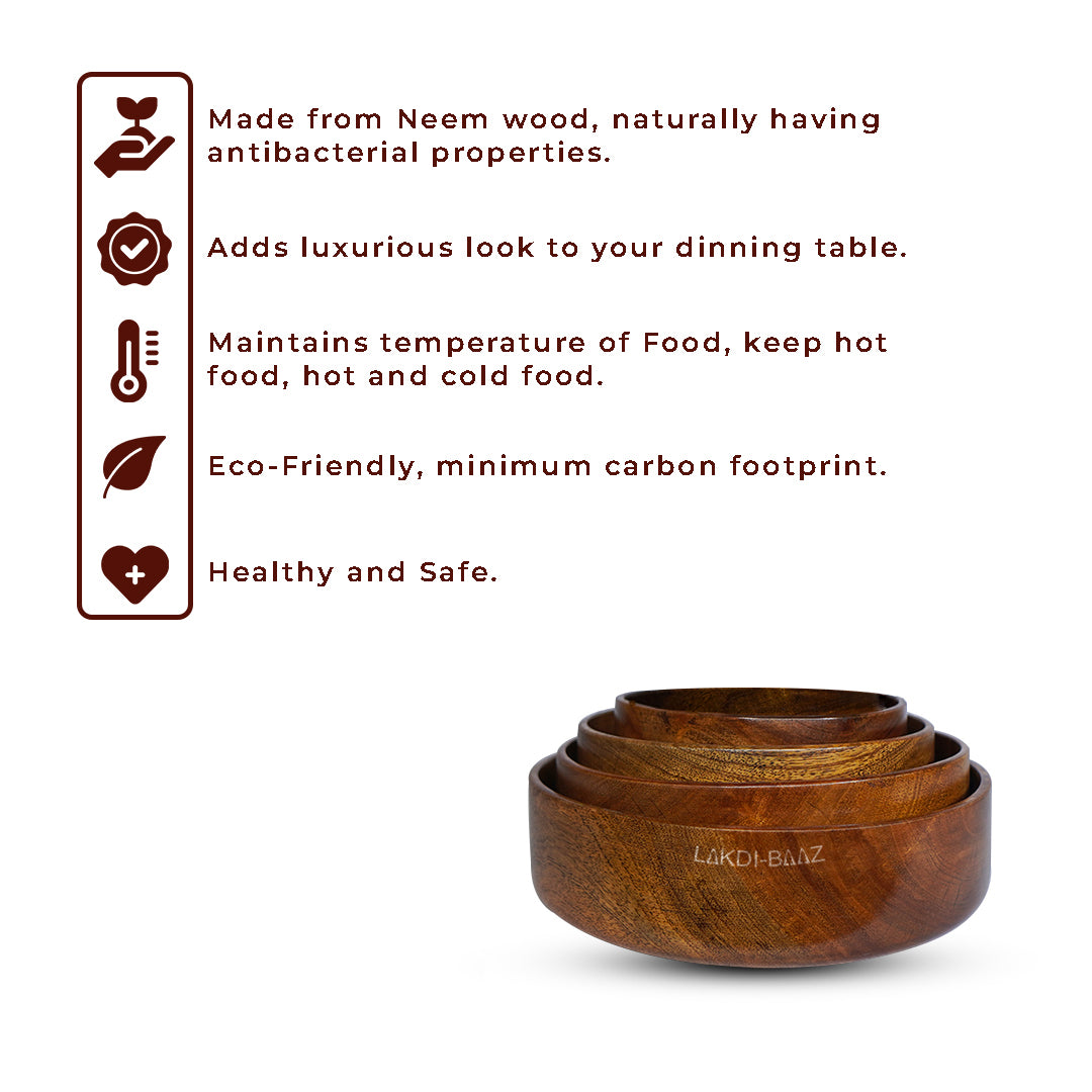 Buy Natural Non Toxic Wooden Bowl Set for Salad/Serving/Soup Made From Neem Wood No Color Used Teak