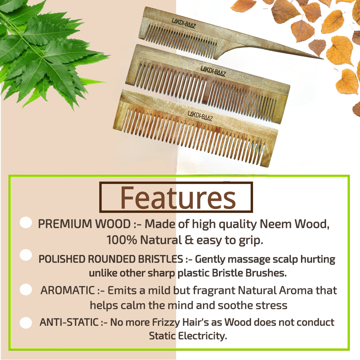 Buy LakdiBaaz Neem Wood Comb Wooden Tail Comb Wide Comb Wide & Narrow Wooden Comb for Hair Comb for Men and Women Set of 3