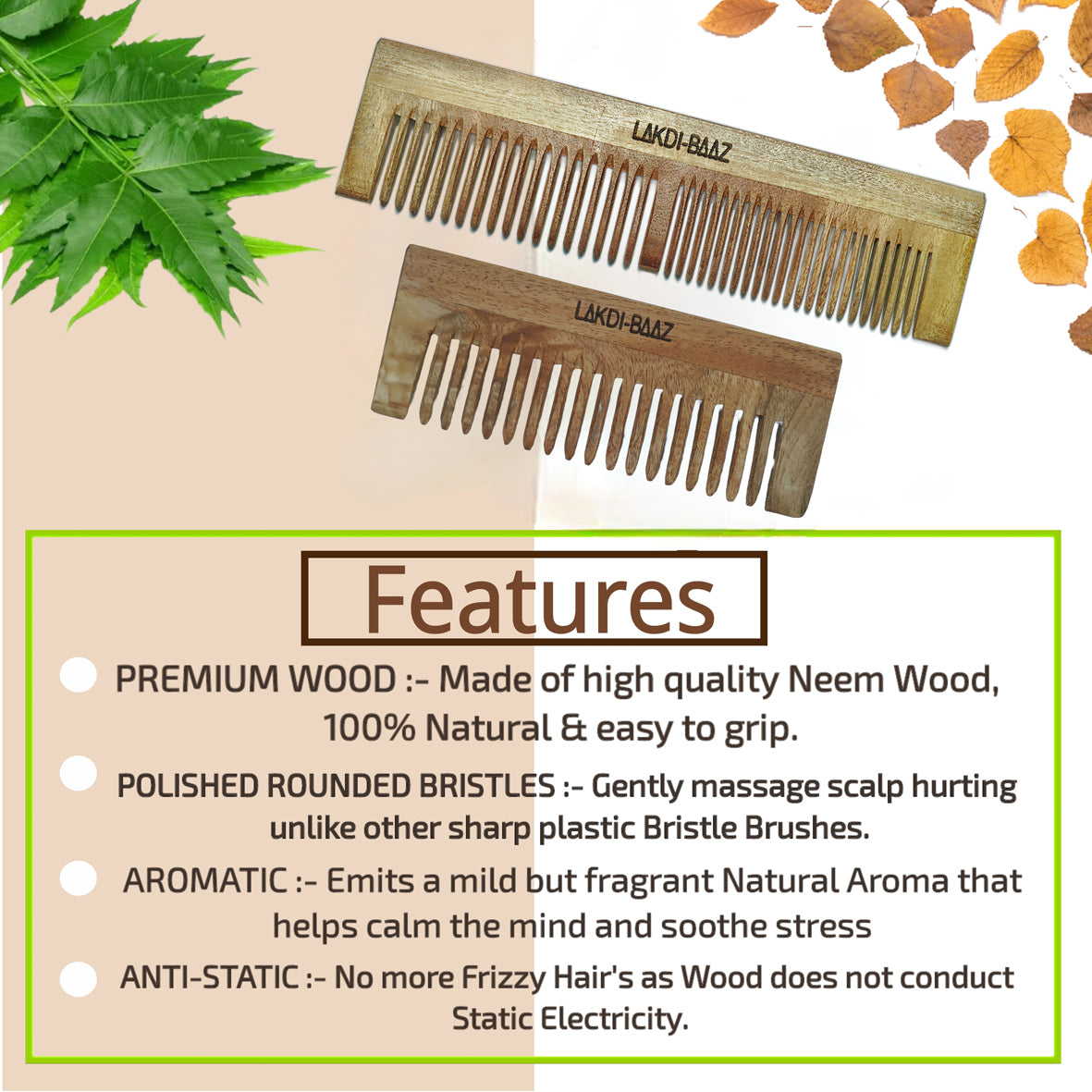 Buy LakdiBaaz Neem Wood Comb Shampoo Comb and Wide & Narrow Wooden Comb hair Kangha for both Men and Women Set of 2