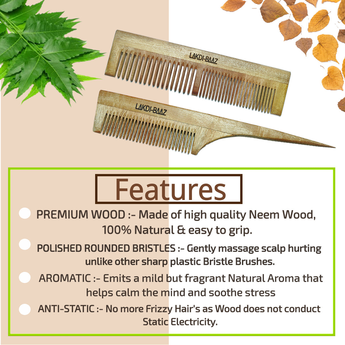 Buy LakdiBaaz Neem Wood Comb Tail Comb and Wide Wooden Comb for Hair Growth Comb Hair Kangha for Men and Women Pair of 2