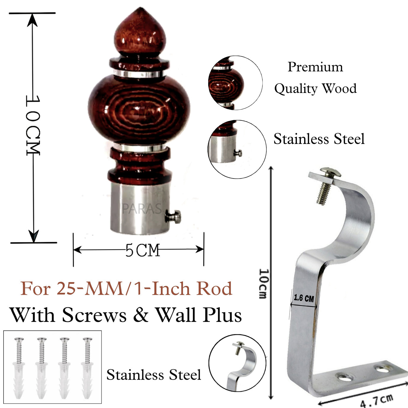 Buy Paras Wooden Stainless Steel Curtain Bracket Finials